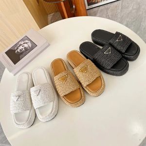 Ontwerper stro geweven sandaal ontwerper schoen man witte Raffias sandale luxe driehoek slipper gesp dia's slippers Womens zomer platform gehaakte dia