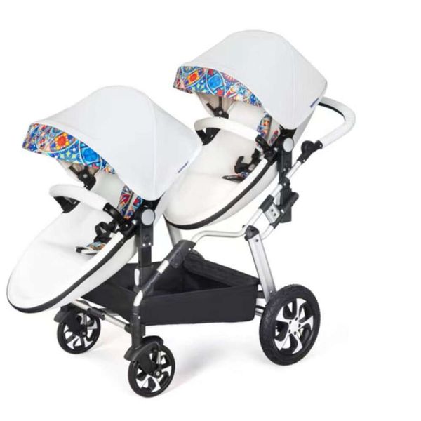 Poussettes de designer Bébé Luxe Pu Cuir Blanc Double Chariot Double Coquille D'oeuf Voiture Vendre Portable Maman Comme Des Gâteaux Chauds Populaire Élastique Mode 360 Degrés Rotation