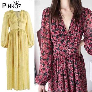 Designer Style Taille Haute Floral Maxi Dress Vintage Femmes Fuchsia Imprimer En Mousseline De Soie Robes Décontractées Col En V Boho Vestidos 210421