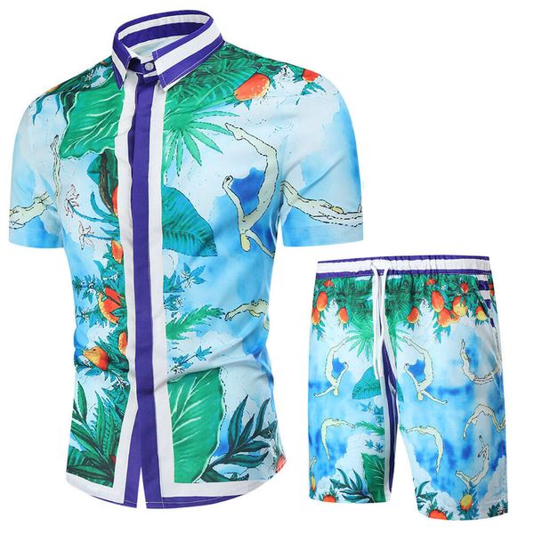 Traje de diseñador estilo chino para hombre estampado camisa de manga corta conjunto playa turista ropa de gran tamaño 0d0y
