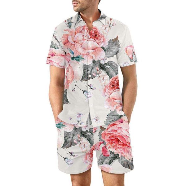 Traje de diseñador para hombre europeo, conjunto de camisa holgada informal, Hawaii, playa, impresión digital, manga corta, Wqe9