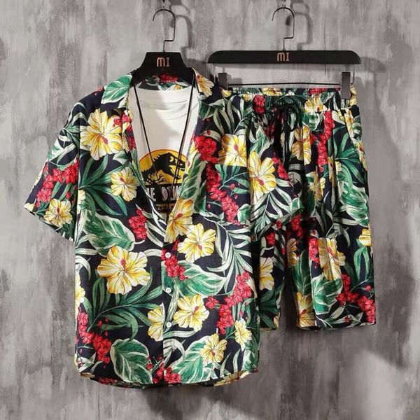 Traje de diseñador para hombre, conjunto de vacaciones en la playa hawaiano, pareja holgada, marca de moda, camisa de manga corta con flores, informal de dos piezas E8m5