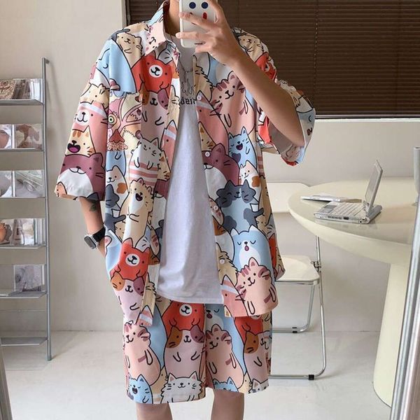 Traje de diseñador Camisa floral de manga corta de seda de hielo para hombre Verano Estilo fino Transpirable Playa junto al mar Secado rápido Pantalones cortos de 5 piezas Uics de 2 piezas