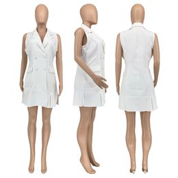 Diseñador Vestidos de verano Mujeres Cuello vuelto Vestido sin mangas de doble botonadura Señora de la oficina Vestido formal Moda Steetwear Ropa a granel 9412