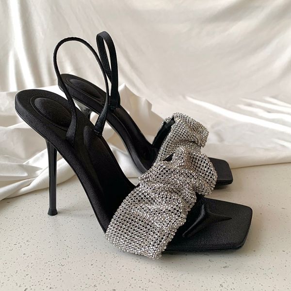 Diseñador-verano moda sandalia zapatillas de sandalia de cuero genuino suave suave taladro con lentejuelas talones negro 10 cm zapatos de mujer sandalias de gran tamaño