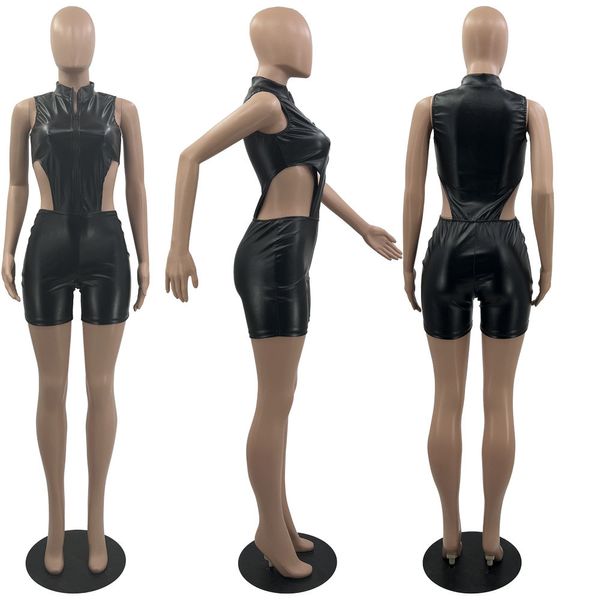 Designer verão macacão de couro mulheres sem mangas macacões oco out zíper pu playsuits casual macacão de uma peça em massa roupas por atacado 9508