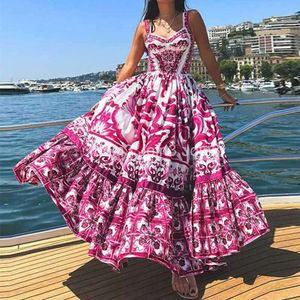 Designer Summer New Domens Boheemse stijl Elegante luxe Midlengte bedrukte riem Casual Dress