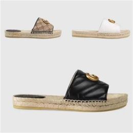 Diseñador plataforma de verano sandalias casuales moda letra dorada logo fondo plano damas pescador zapatos cuero cáñamo cuerda hierba encaje tejido gran tamaño 35-42 sandalia zapato