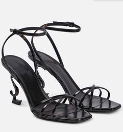 Designer Summer Sandal Opyum Sandale à talons en cuir glacé 85 / 100mm talon en cuir noir talons hauts bride à la cheville bout ouvert chaussures de soirée de mariage 35-42Box