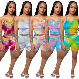 Diseñador Pantalones cortos de verano Trajes de mujer Conjunto de 2 piezas Tie Dye Impreso Arco iris Sin mangas Top Pantalones cortos Traje deportivo Ropa de moda sexy de verano