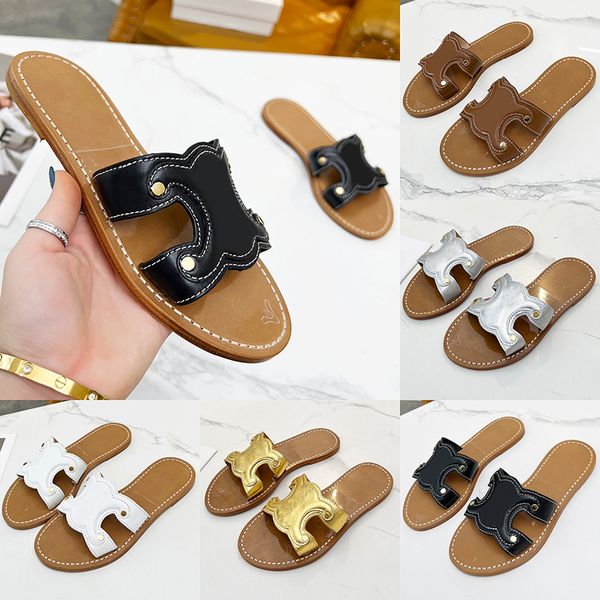 Designer Summer Simple Female Pantoups Fashion Sandales Blanc Blanc Brown or Silver Couleur Platage Plat Plate-plateau Talon Casual Square Toe Half Slippers Size 35-41