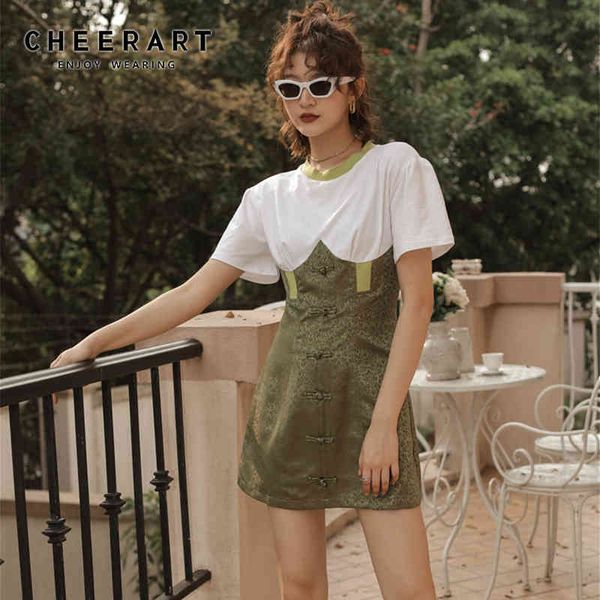 Designer Summer T Shirt Dress Femmes Vintage Tunique Grenouille Bouton Patchwork Mini Vert Court Vêtements 210427