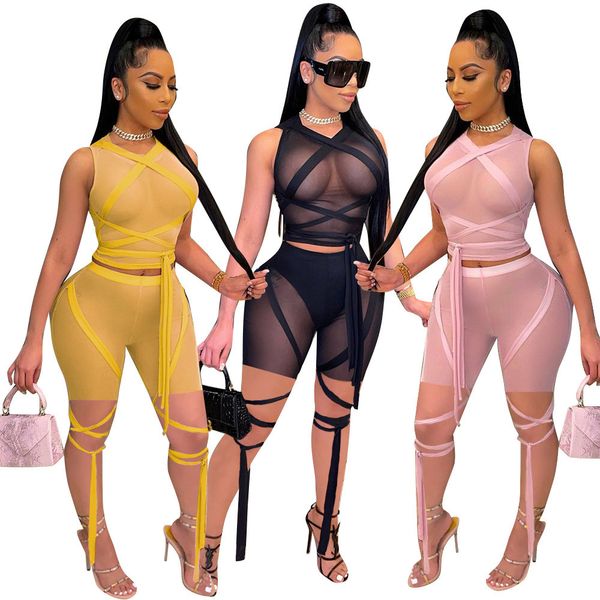 Designer Summer Survêtements Mesh Two Piece Set Femmes Tenues Sexy Bandage Top et Short Voir à travers Sportswear Sheer Party Night Club Wear Vêtements en gros 9497