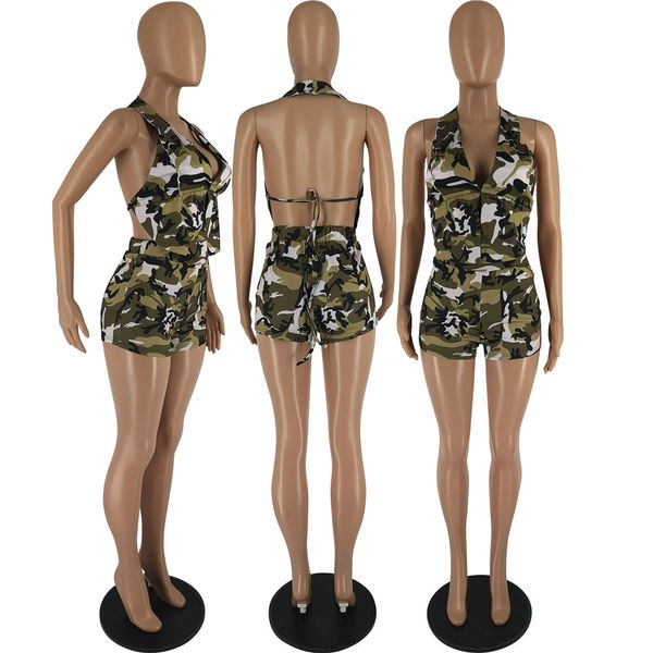 Diseñador de verano Chándales Conjuntos de dos piezas Mujeres Trajes de camuflaje Sin espalda Halter Chaleco Top y pantalones cortos Trajes a juego Ropa deportiva al por mayor 9488