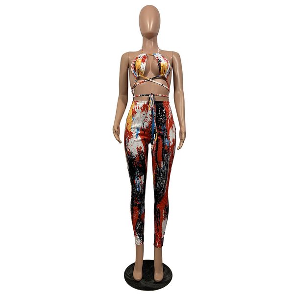 Designer Summer Survêtements Deux Pièces Ensembles Femmes Tie Dye Tenues Dos Nu Halter Haut Et Pantalon Sportwear Night Club Wear Outdoor Beach Wear En Gros 9674