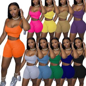 Femmes Survêtement 2 Pièces Ensemble Designer Smmmer Shorts Tenues Couleur Unie Vêtements De Sport Sexy Bretelles Hauts Costume Grande Taille