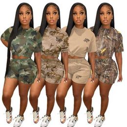 Designer Zomer Dames Trainingspakken 2 Tweedelige Shorts Set Camouflage Sweatsuit Letter Gedrukt T-shirt met korte mouwen