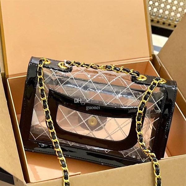 Designer - Femmes d'été Transparent Sac transparent PVC Messenger Beach Bag Sac Jelly Small Tote with Chain and Cross Body Body Sac Handb291n