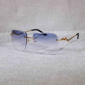 Lunettes de soleil de créateurs Style léopard Coupe de diamant Lunettes de soleil sans monture Hommes Oversize Lunettes carrées Meta Cadre pour femmes en plein air S2282