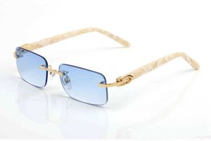 designer zonnebril randloze vierkante blauwe lens perzik hart gouden hardware polijsten ambacht mode rechthoek versieren arm bleekgeel houten bril
