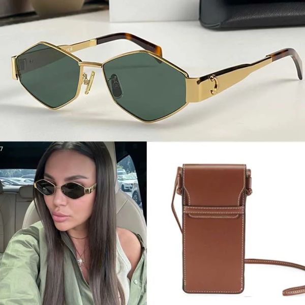 Lunettes de soleil de créateurs Triomphe Lunettes de soleil en métal pour femmes 40236 Vintage Gold Frame Green Lens Lunettes de soleil Lady Gift Original Oblique Strap Lunettes Sac 4S254