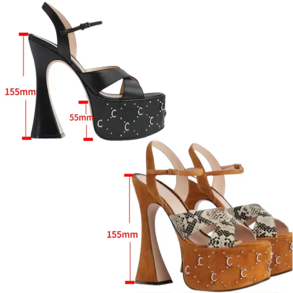 Designer super haute sandale robe chaussures bride à la cheville goujons romains noir talon 155mm bande Rivets femmes talon aiguille bloc