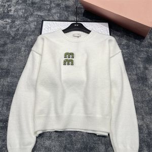 Designer Pull Cardigan Printemps Lâche Casual Tricots Col Rond Blanc Industrie Lourde Capote Vert Perle Lettre Broderie