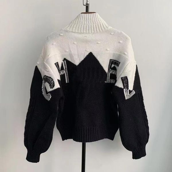 Pull de créateur hiver luxe femmes cardigan col roulé noir et blanc lettre contraste couleur tricots broderie artisanat