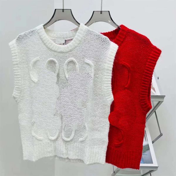 Suéteres de diseñador de punto con cuello redondo, chaleco sin mangas con letras, Color sólido, rojo, blanco, gancho, flor, Top para mujer