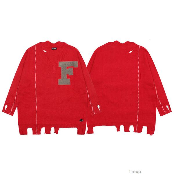 Chandails de créateurs Sweat à capuche pour hommes Raf Simons Badge Endommagé Irrégulier Pull rouge en vrac Col en V pour hommes en tricot de laine pour hommes