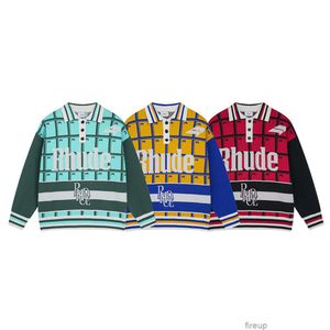 Designer Sweaters Heren trui met capuchon Rhude High Street Splice Contrast Polo Letter Jacquard Gebreid Shirt Heren Dames Herfst/winter Sweater Top
