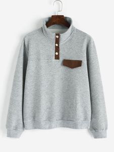 Sweat-shirt de créateur pour femmes, bouton-pression, patte de boutonnage, détail à rabat contrasté, pull-over - Gris L