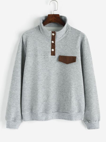 Sweat-shirt de créateur pour femmes, bouton-pression, patte de boutonnage, détail à rabat contrasté, pull-over - Gris L