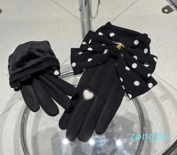 Gants en laine de styliste pour femmes, mitaines à la mode, nœud imprimé à pois, décoration pour fille, gants à cinq doigts, cadeau d'hiver, boîte incluse