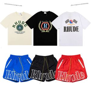 Designer T -shirt Mens Rhude Shorts Trackpakken Printbrief Zwart Wit Gray Rainbow Color Summer Fashion Cotton Cord Top Brort Sleeve