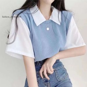 Designer T -shirt Women Academy Style Contrasterende polo kraag nep twope -oce short mouwen t -shirt dames losse casual top 240531