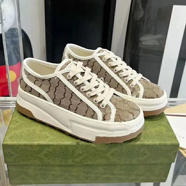 Zapatillas de deporte de tenis de diseñador, zapatos para hombres, mujeres, beige y ébano, zapatillas de deporte de lona originales con suela gruesa, plataforma con adornos, zapatos 01