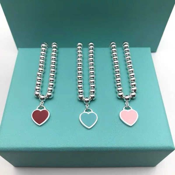 TFF Love – Bracelet de perles rondes en émail plaqué argent pour femmes, chaîne de bouddha tricolore, cœur de pêche, rouge, bleu, rose