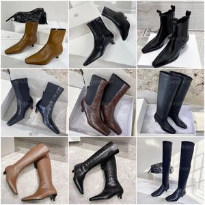 Designer The Slim Knee-High Boots Toteme Fashion Femmes Les bottes mi-hautes en cuir de luxe à tête carrée Talons hauts bas Les bottes de ville Taille 35-40