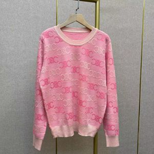 Chemise tricotée fine de styliste, T-shirt rose avec lettres contrastées, Jacquard, tempérament rose, manches longues, marques de luxe, cardigan Tops