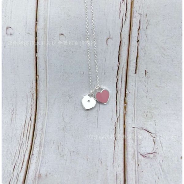 Designer Tiffanybead Collier bijoux T Famille Love Collier Femelle 925 STERLING Silver Red Heart Drop Email Blue Collar Chain Double Heart Pendant