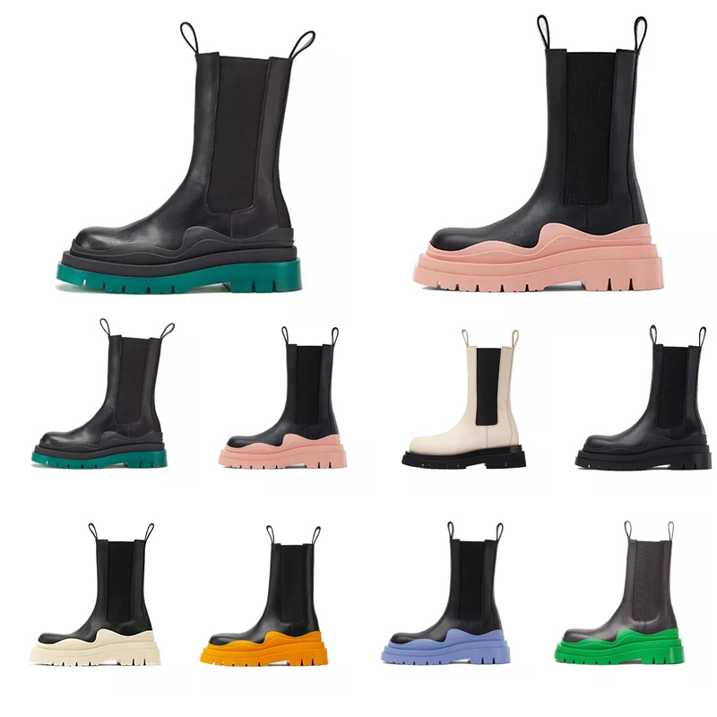 Дизайнерские сапоги из шин Челси Мартин Сапоги Женщины Мужчины шины Ботинки Модные ботильоны на платформе Роскошный черный, зеленый, розовый Прозрачный резиновый Walk Show с коробкой