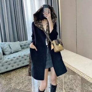 Designer topkwaliteit wollen capuchon lange trench jas mode vol letter f print aan beide zijden draag losse riem wollen jas