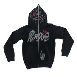 Designer Tracksuit Hoods Hoodie Plus Size Tracksuit Y2K Demon Rhinestone Patroon Zipper Hooded Tracksuit Harajuku Gothic Oversized Hoodie Grunge Mens Emo