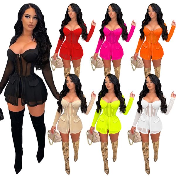 Designer Survêtements Summer Mesh Deux Pièces Ensembles Femmes Tenues Sexy Sheer Voir à Manches Longues Haut Sans Bretelles et Shorts Night Club Wear Vêtements En Gros 9925