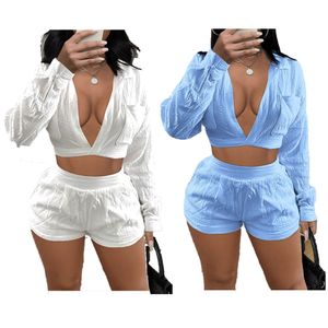 Survêtements de créateurs Tenues d'été Femmes Ensembles de deux pièces XS Manches longues Col en V Veste Haut et Shorts Assortis Casual Solid Sportswear Vrac Vêtements en gros 9946