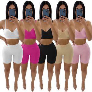 Designer Trainingspakken Zomer Twee 2-delige set Damesoutfits Sexy spaghettibandjes Crop top en shorts Bijpassende sets Effen Sportkleding Bulkartikelen Groothandel Kleding 9788