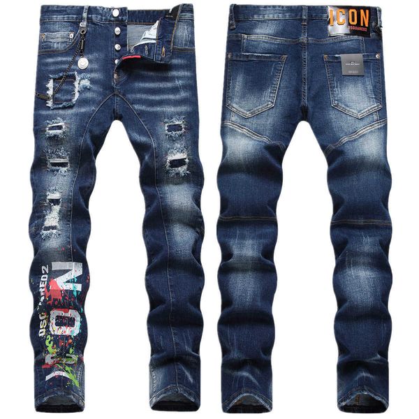 Jeans tendance de styliste, Patch de fil aléatoire de rue, chaîne suspendue élastique, petit Tube droit, imprimé numérique