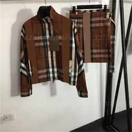 Designer deux pièces ensemble femmes robe damier costume contraste plaid col debout à manches longues veste zippée taille haute jupe courte plissée vêtements de créateurs pour femmes