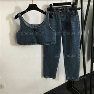 Designer tweedelige set dameskleding zomersets sexy denim hemdje mode jeans met rechte pijpen zomer denim sets voor damesoutfits